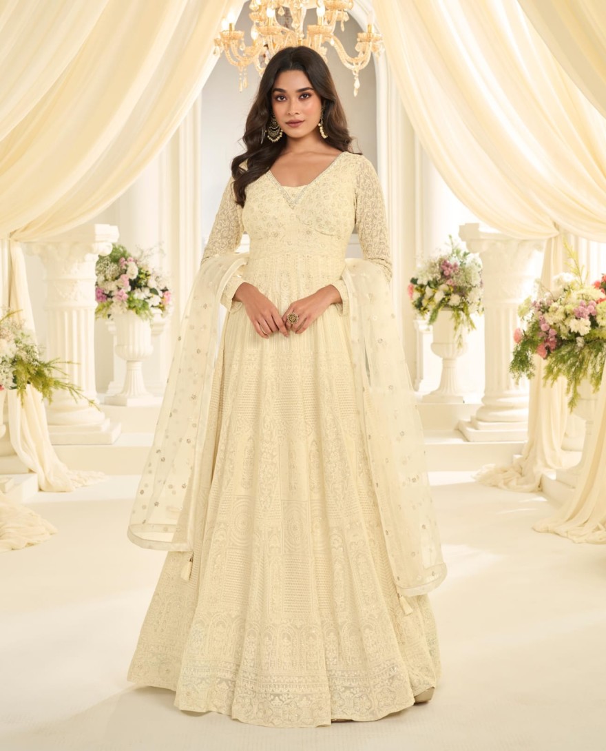 WHITE - Ivory Elegance Embroidered Anarkali Gown